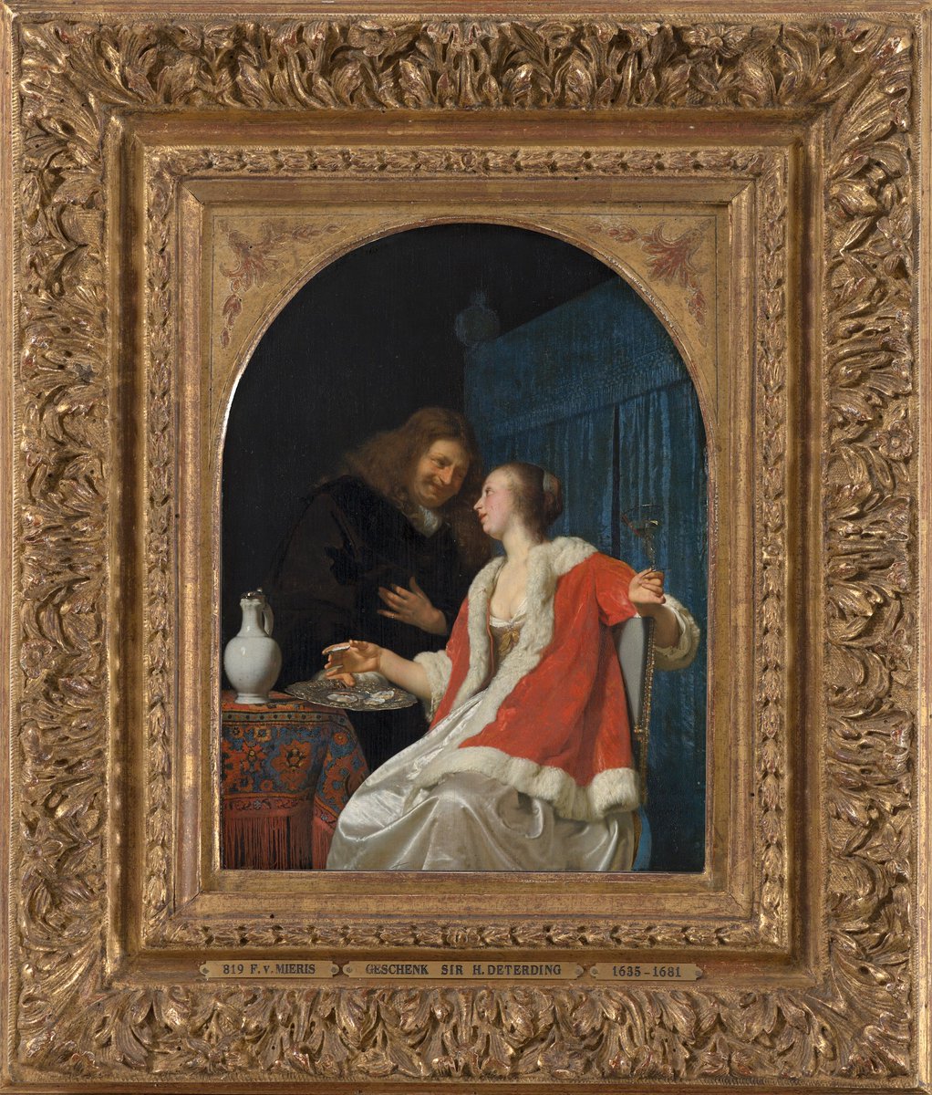 mauritshuis's tweet image. On 16 Apr 1635 Frans van Mieris was born. He painted 'The Oyster Meal' in 1661.
A man is trying to seduce a woman by offering her oysters. The man (Van Mieris himself) is obviously successful, as the woman (Van Mieris’ wife) is provocatively showing him her bosom.