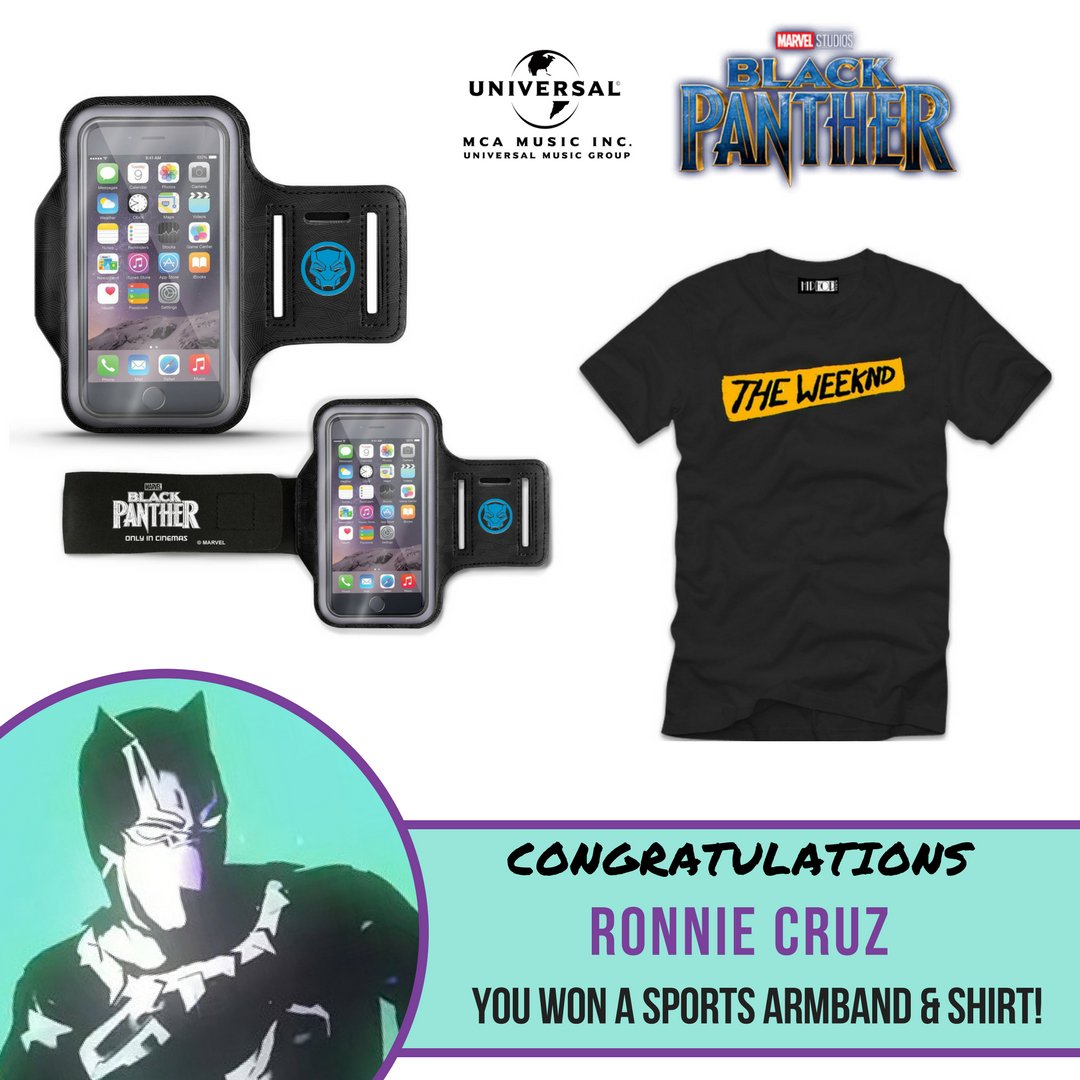 UMG_PH's tweet photo. Congratulations RONNIE CRUZ for winning these Official #BlackPanther and #TheWeeknd Merchandise! Thank you for adding the track #PrayForMe on your personal Spotify Playlist! #BlackPantherTheAlbum #GETMUSICPH https://t.co/jaqbWFxJZl
