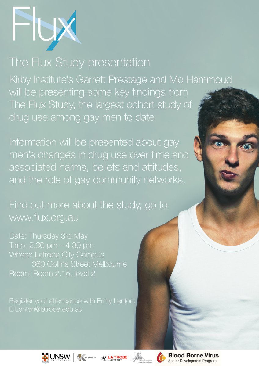 LTU_Sex_Health's tweet photo. A presentation on Australia's largest cohort study of gay men and drug use will take place on 3rd May, for more information go to https://t.co/0vFebqsEJx @KirbyInstitute @LTU_Sex_Health #fluxstudy #gaymen #DRUGS https://t.co/Luo1fwSHQi