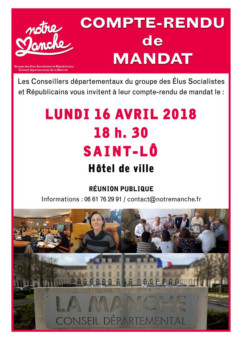 NotreManche's tweet image. #RendezVous ➡ Notre second compte-rendu de mandat se tient aujourd'hui à 18h30 #StLo Hôtel de Ville. Venez échanger autour de nos actions au Conseil départemental #CD50 #Manche à l'occasion cette mi-mandat.