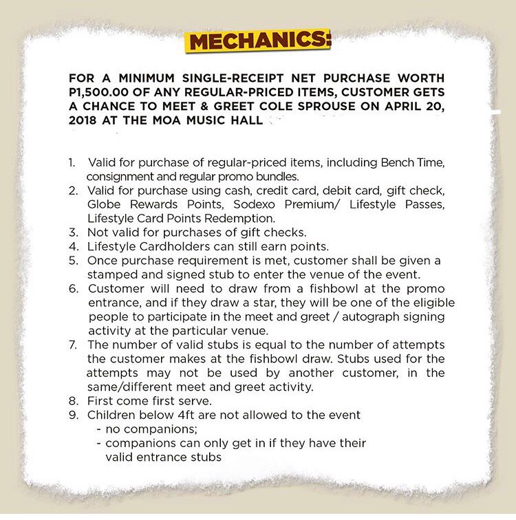 TheMallofAsia's tweet photo. COLE SPROUSE will be at SM Mall of Asia Music Hall in few more days (April 20, 3PM)! Swipe left to see the Meet &amp; Greet Mechanics.
#ColeSprouseForBENCH #MOAevents
#ColeSprouse https://t.co/YwmQOgYMLC