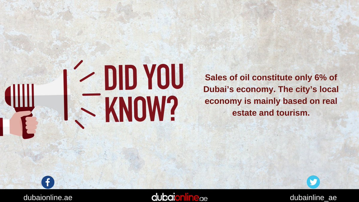 dubaionline_ae's tweet photo. #DoYouKnow "Sales of oil constitute only 6% of Dubai’s economy. The city’s local economy is mainly based on real estate and tourism."
#DubaiFact #FactManiac #FactCheck #factsonly
#DubaiOnline https://t.co/q4YIYghKRp
