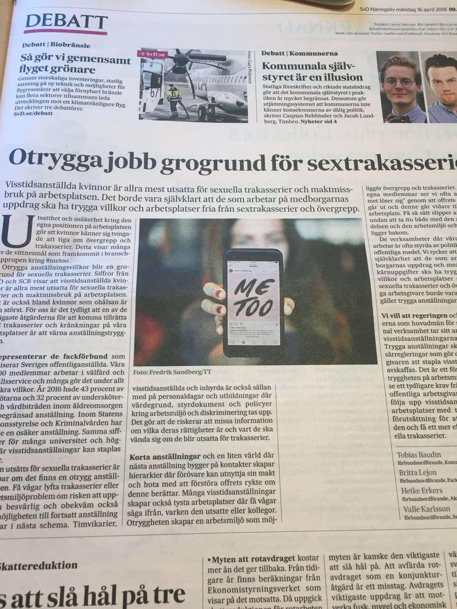 livbeckstrom's tweet photo. Med minskad användning av #visstid minskar omfattning av #sextrakasserier skriver 4 fackordförande #metoo @TobiasBaudin @FacketKommunal @Facket_Seko @HeikeErkers @BrittaLejon @SvDNaringsliv https://t.co/67QHIutw26