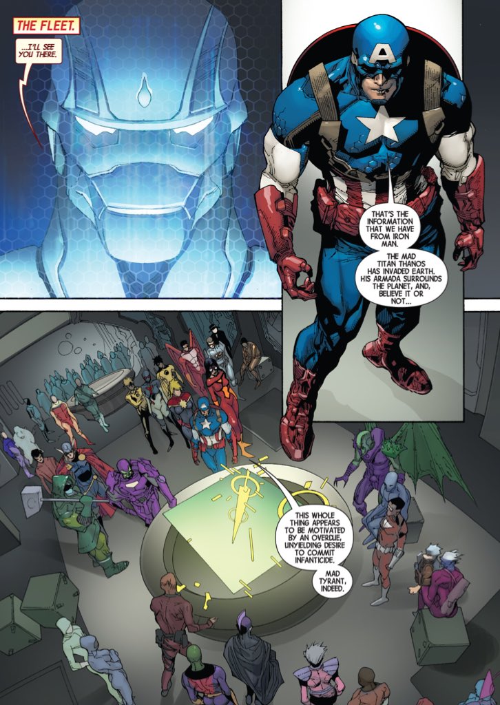A nice bit of structuring from Hickman. The corporate mandated brand-synergising Thanos-driven subplot is structured so as to mirror the "builders" arc that actually furthers Hickman's long-form plot.Both are creators raging against their creations.(Avengers #22.)