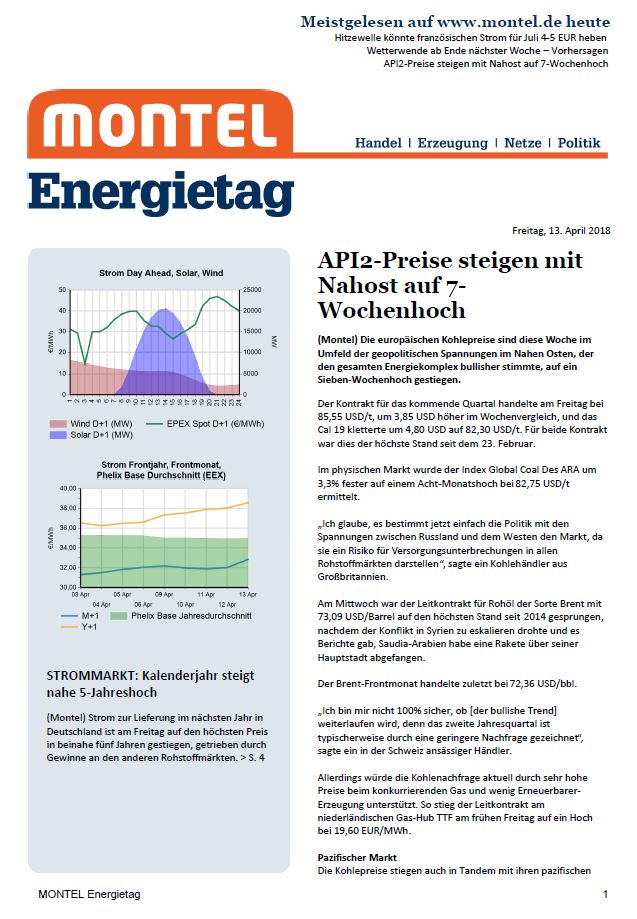 montelnews_DE's tweet image. Aktuell im #MontelEnergietag: #API2-Preise steigen mit #Nahost auf 7-Wochenhoch
