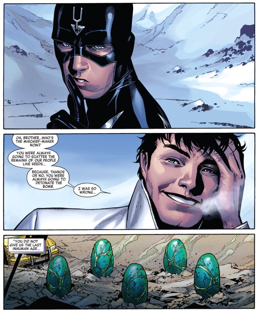 Similarly, the corporate-mandated "let's reinvent the Inhumans as mutants" development is configured to mirror the origin bombs from earlier in Hickman's run, making it fit with the overall themes of the larger story.(Infinity #6.)