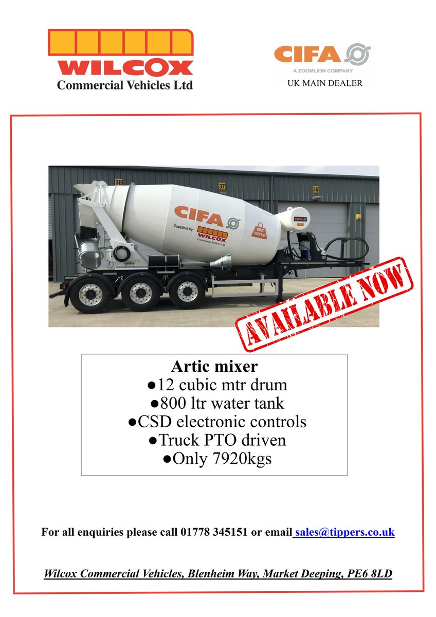 We have in stock a lightweight 12 cu mtr artic mixer, for more details call us on 01778 345151