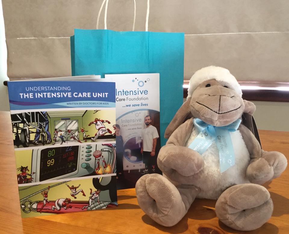 Thanks to B.Braun &amp; Perth’s Original Basket Boutique, the ICF's  Sharon Knapp has produced a ‘care pack’ to comfort kids visiting ICU at Rockingham Hospital.
The packs contain a cuddly sheep and cute comic book ‘Understanding the Intensive Care Unit: Written by Doctors for Kids’.
