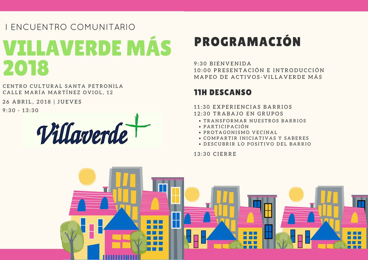 VillaverdeMas's tweet photo. El proximo jueves 26 celebramos el primer encuentro #VillaverdeMas Una jornada para descubrir y explorar los activos de los barrios de #Villaverde y construir en común @JMD_villaverde @SPETRONILA https://t.co/NzOvLKlXD2