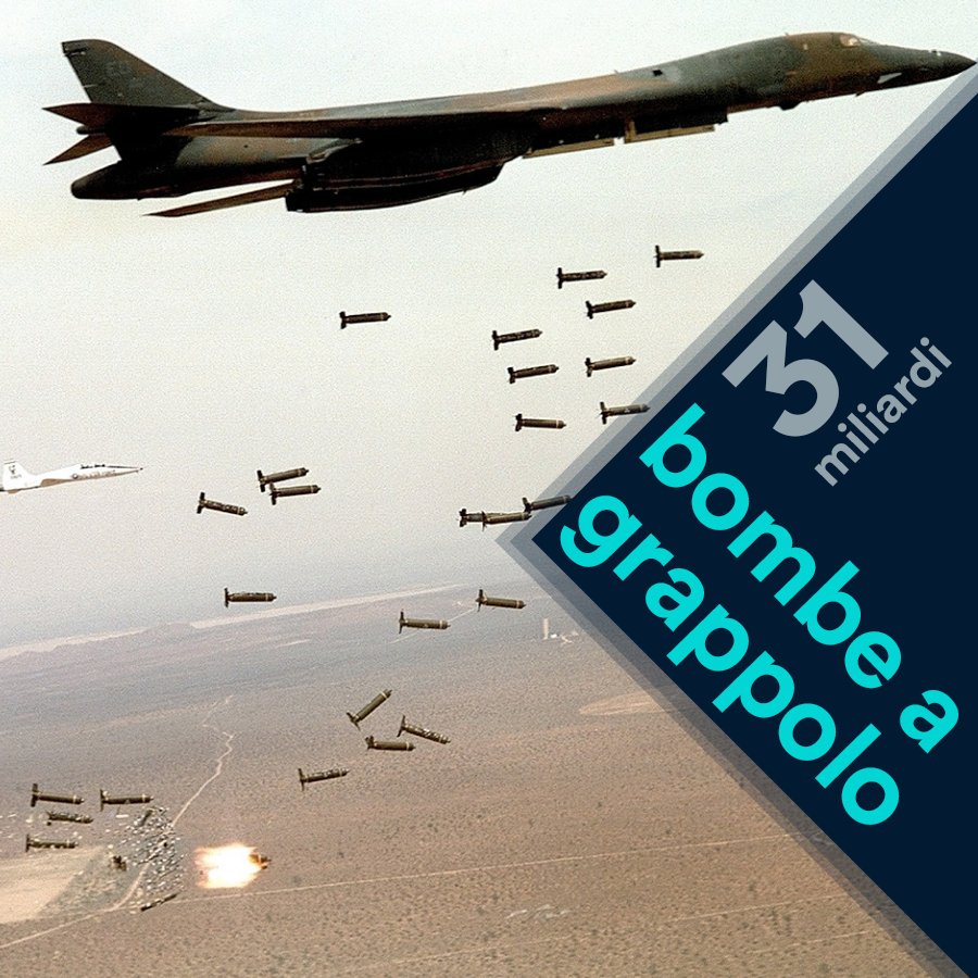 Valori_it's tweet image. Nel 2016 sono aumentati gli investimenti nelle #bombe a grappolo. Dal 2012 parliamo di 166 istituti finanziari in 14 paesi che hanno investito un totale di 31 miliardi di dollari in 6 produttori di bombe.  Qui per approfondire: bit.ly/2qAAYuJ

#Valori #Finanza #Etica