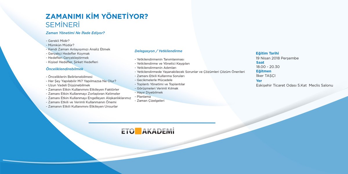 2017-2018 yılı Bahar dönemini Siz değerli katılımcılarmızın yoğun ilgi  duyacağı   Sayın <a href="/ilkertasci/">ilkertasci</a> 'nın sunumuyla ''Zamanımı Kim  Yönetiyor?'' Semineriyle noktalıyoruz ve hepinizi bekliyoruz :) 
2018-2019 yılında sürpriz eğitim ve seminerlerimizle görüşmek üzere :)
#EtoAkademi