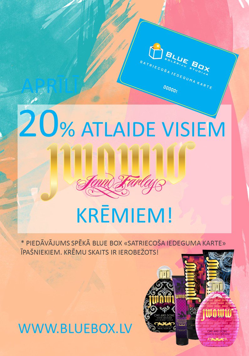 Aprīļa īpašais piedāvājums Blue Box studijās! 
Sīkāka informācija studijā. Preču skaits ir ierobežots!
#blueboxsolariji #bluebox #jwoww #solarijakrems #akcija #aprilis #milisavuiedegumu