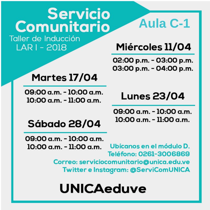 ServiComUNICA's tweet photo. Buenos días #GenteUNICA, aún quedan fechas para asistir al Taller de Inducción, toma nota el de tu conveniencia  y no dejes para último momento el  cumplir con este #RequisitoDeEgreso https://t.co/vQfoFsM9OE
