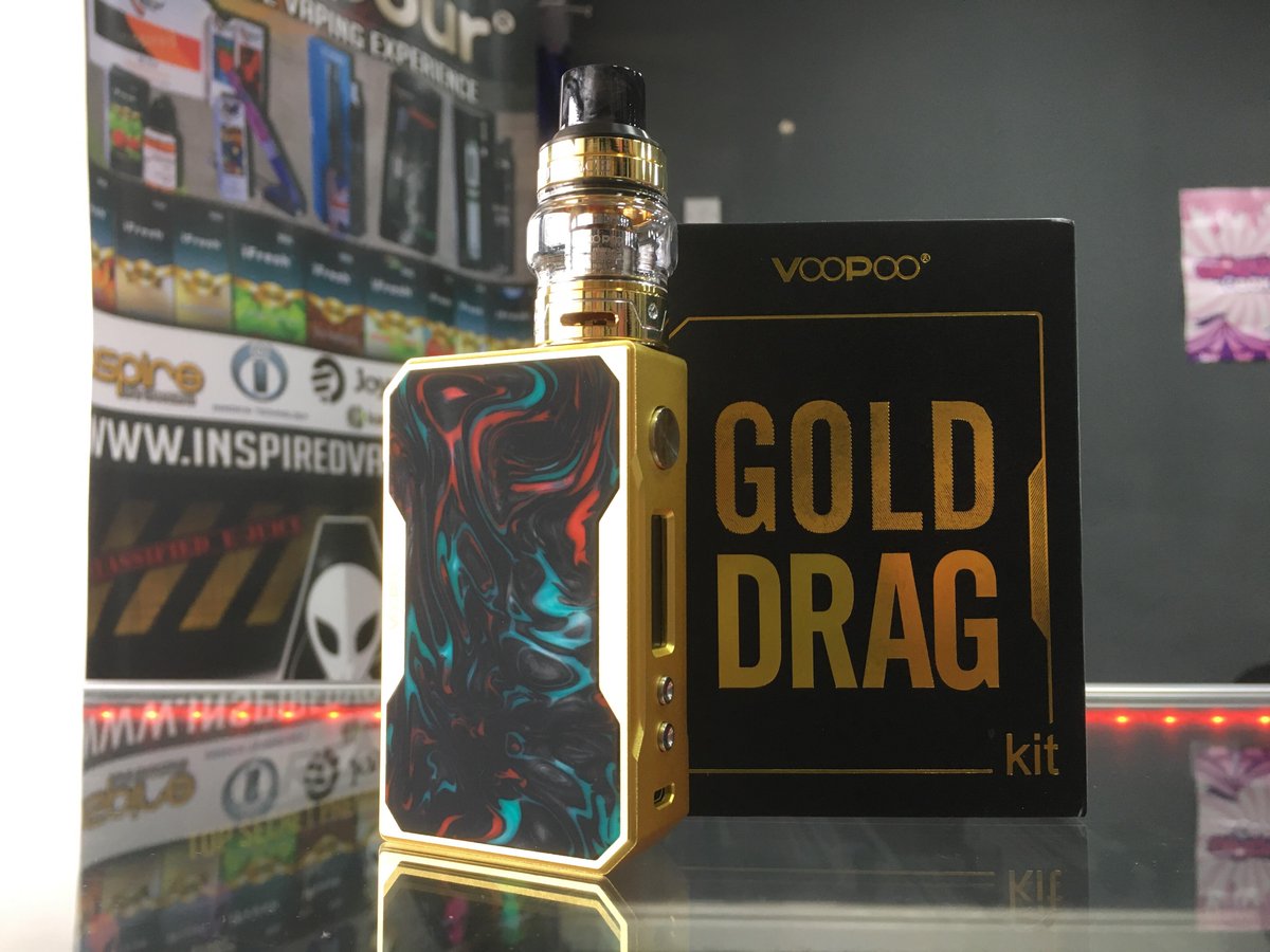 VapeworldOldham's tweet photo. VooPoo Drag Gold edition kit in stock amazing bit of kit right here and the Uforce tank is a flavour monster so why not get yours today #Drag #VooPoo #Uforce #Uforcetank #Flavour https://t.co/AlUcXdGdul