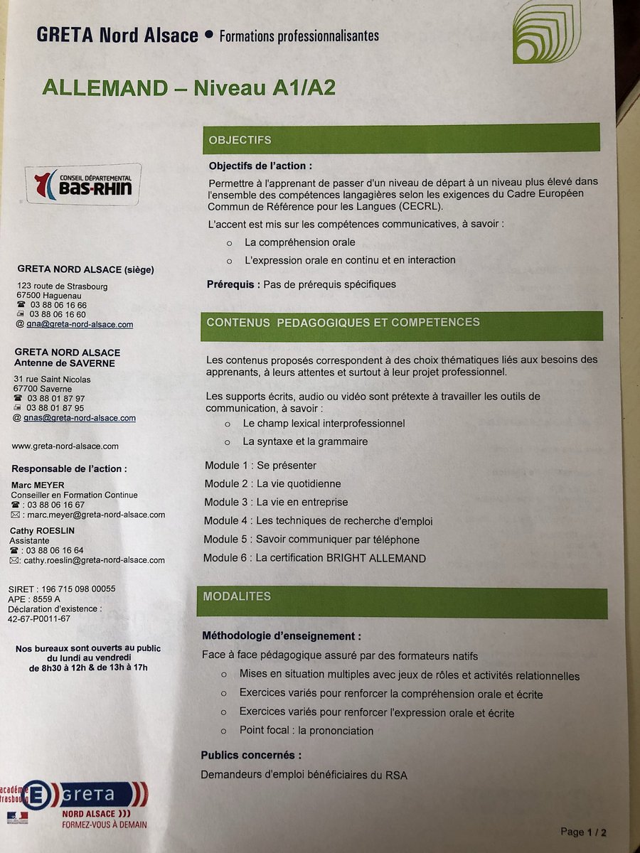 ALUTTERSCHMITT's tweet image. Ça y est les premiers stagiaires #CD67 sont en formation Allemand débutant #emploi360
#Haguenau au Greta Nord Alsace pour 2 mois. Merci aux partenaires engagés.