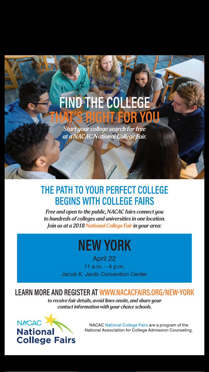 NYCCollegeFairs's tweet photo. If you have a high school #sophomore,#Junior or #undecided #senior bring them this Sunday the Jacob Javits. There will be hundredsof colleges that they can connect with.
#2018NationalCollegeFair #teacher #SchoolCounselor #2018Seniors #HSSenior #HSJunior #College #HigherEd https://t.co/Xx1BQAlpFf