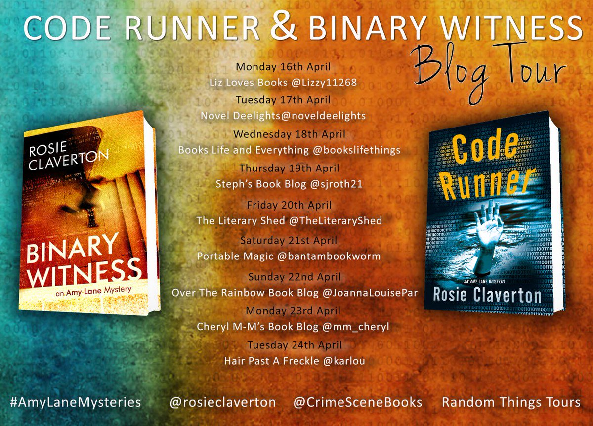 annecater's tweet image. What a FABULOUS way to kick off the #CodeRunner and #BinaryWitness by @rosieclaverton #RandomThingsTour Blog Tour today with ACE reviews from @Lizzy11268 @CrimeSceneBooks #AmyLaneMysteries lizlovesbooks.com/lizlovesbooks/…