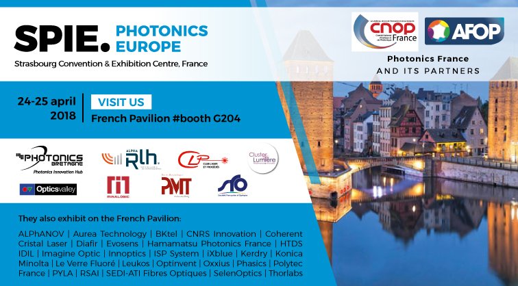 BzhP's tweet photo. April 24-25: Join us at #PhotonicsEurope @SPIEeurope in #Strasbourg, France. Booth G204, on the French Pavilion with #CNOP / #AFOP & our members @ALPhANOV_ #BKtel @InfoDiafir @fberier #IDIL @ixblue #Kerdry #LeVerreFluore @LEUKOS_SA #Optinvent #Oxxius @selenoptics @PolytecFrance https://t.co/Z0K8MdzSws