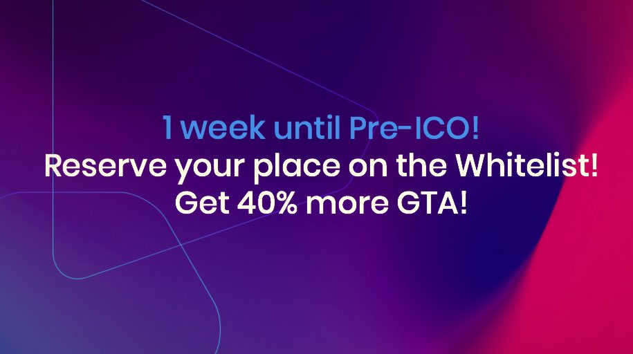 ⏱ Only 1 week left until we open Pre-ICO! Reserve your tokens and get the chance to buy #GTA for Whitelist prices= $0.03❗️

🔜 Next stage GTA will be $0.04. Get it EARLY and get 40% more.  

✔️Register: goo.gl/VgPkQj  

#neo #SmartEconomy #dapp