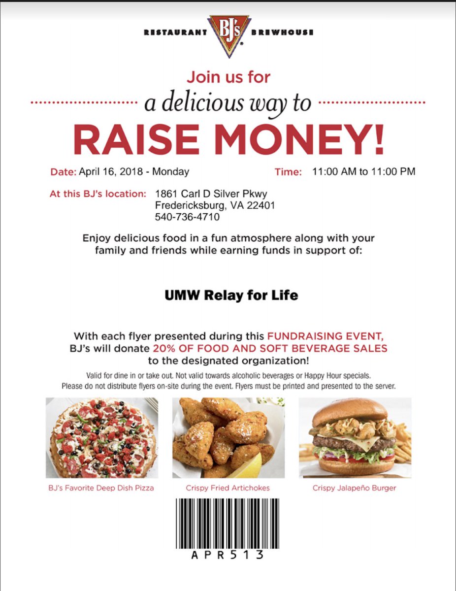 RelayForLifeUMW's tweet photo. Relay for life is having a restaurant night at BJs all day today so dont forget to come out as we count down to our main event in just a few days! You dont wanna miss your chance to fundraise! Show this flier to your server https://t.co/AiuPd37Q2R