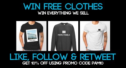 Pams_Panels's tweet image. WIN FREE CLOTHES

Win the logo t-shirt, the mountain t-shirt and the sweatshirt, just follow us, like this tweet and retweet it

If you put an order in and win, we'll refund your order

Get 10% off all orders this week using code PAM10

pamspanels.co.uk