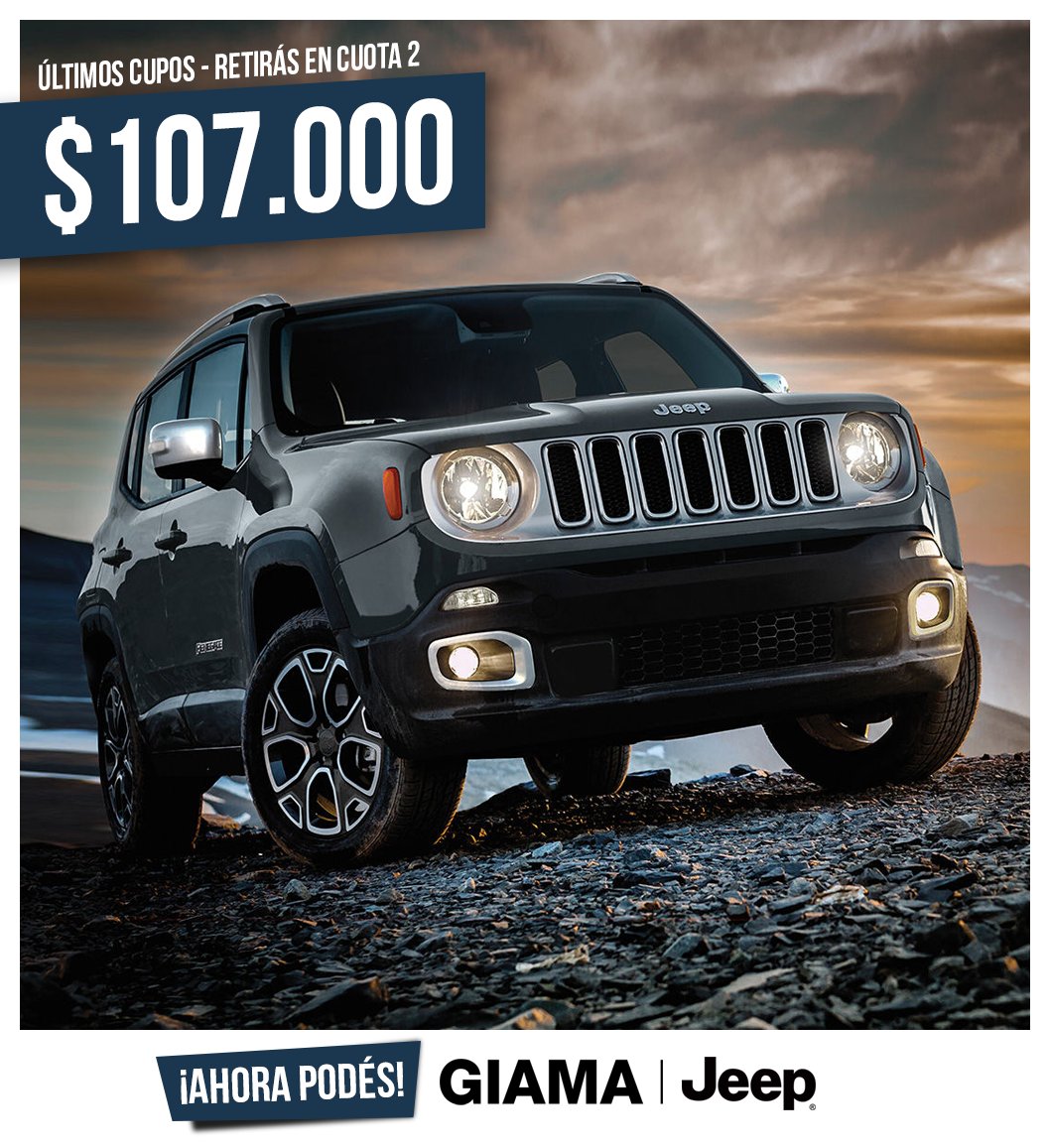 giama_jeep's tweet photo. AHORA PODÉS ;) | Tené tu Jeep® RENEGADE Sport
✔️ sólo $107.000.- o tu usado ✔️ cuotas sin interés.
Además lo retirás en cuota 2.
Dejanos un número de contacto para más info 📞
#AhoraPodés #Giama #Jeep #Renegade @mardelplatamdp @MarDelPlataARG #SUV #confort #BuenLunes https://t.co/Hf2snTrlqq