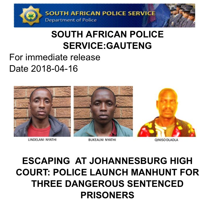 ewnreporter's tweet photo. #InmatesEscape Police have now released mug shots of prisoners who escaped from Joburg High Court. GN https://t.co/YZMFUhHe6J