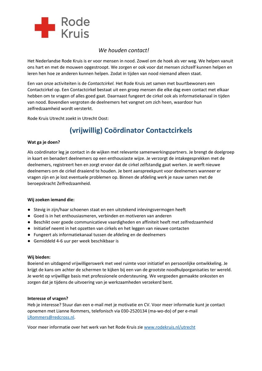 SamenOost's tweet photo. Leuk nieuws! Samen met Lianne van @RodeKruisUtrech aan de slag met het opzetten van nieuwe contactcirkels in Utrecht Oost. Naast deelnemers zijn we opzoek naar een (vrijwillige) coördinator! @SamenindeStad @Vooruit_Utrecht https://t.co/h3M37OFYtc