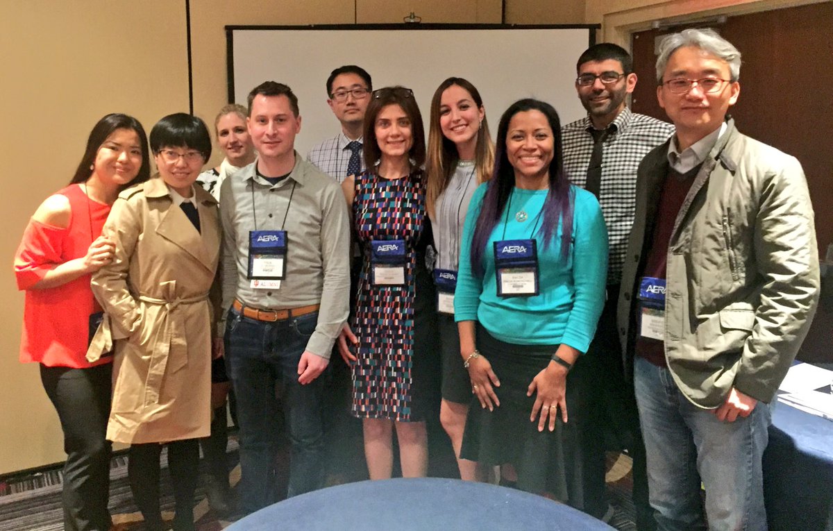 AERADesignSIG's tweet photo. Snapshots 📸 from the @AERADesignSIG business meeting featuring @graydesign (SIG Chair), @andrewatawfik (Program Chair), @eromerohall (Communication Office), Min Kui Kim (Treasurer) and our graduate student panelist: @tugcealdemirpsu @Begumsacak @boulded and others #AERA18 https://t.co/ZxlJxYADVK