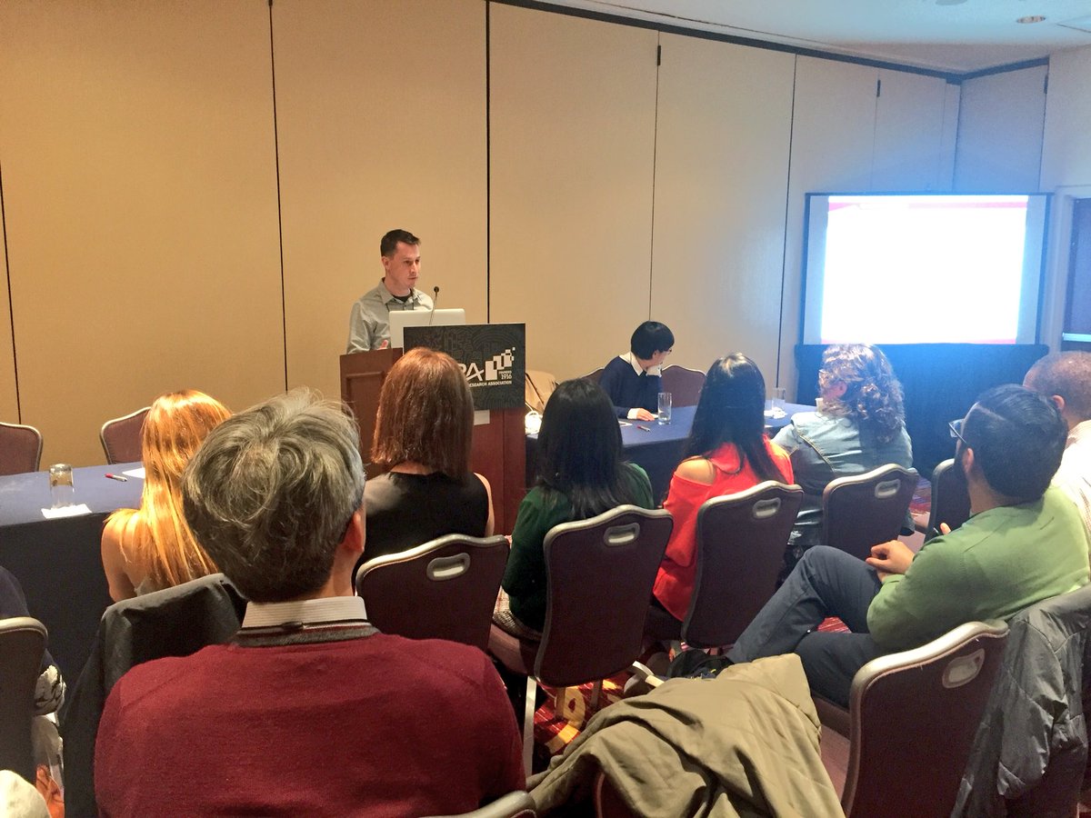 AERADesignSIG's tweet photo. Snapshots 📸 from the @AERADesignSIG business meeting featuring @graydesign (SIG Chair), @andrewatawfik (Program Chair), @eromerohall (Communication Office), Min Kui Kim (Treasurer) and our graduate student panelist: @tugcealdemirpsu @Begumsacak @boulded and others #AERA18 https://t.co/ZxlJxYADVK