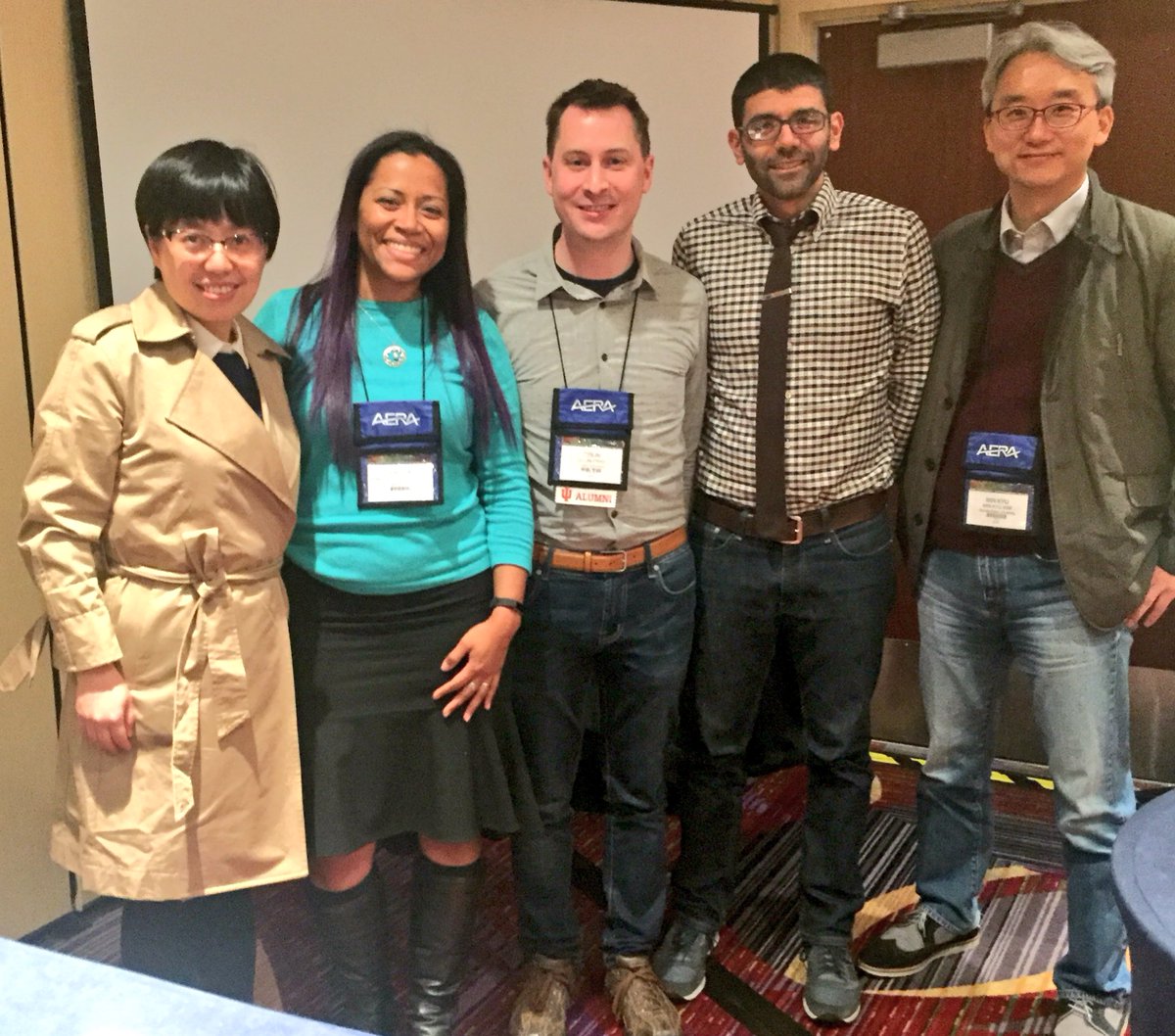 AERADesignSIG's tweet photo. Snapshots 📸 from the @AERADesignSIG business meeting featuring @graydesign (SIG Chair), @andrewatawfik (Program Chair), @eromerohall (Communication Office), Min Kui Kim (Treasurer) and our graduate student panelist: @tugcealdemirpsu @Begumsacak @boulded and others #AERA18 https://t.co/ZxlJxYADVK