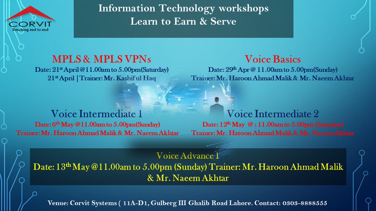 CorvitTraining's tweet photo. Corvit  Systems (Pvt) Ltd is very excited to announce series of FIVE in-demand Information Technology (IT) workshops . https://t.co/gVFF52SSvV