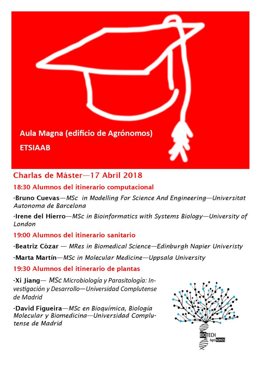 Biotech_ETSIA's tweet photo. ¿Y ahora qué?

El martes 17 de Abril a las 18:30 no lo pienses dos veces y acércate al aula Magna de la ETSIAAB (UPM), donde antiguos alumnos del grado de biotecnología te contarán su experiencia en sus estudios de máster. https://t.co/HfJZ7syPhj