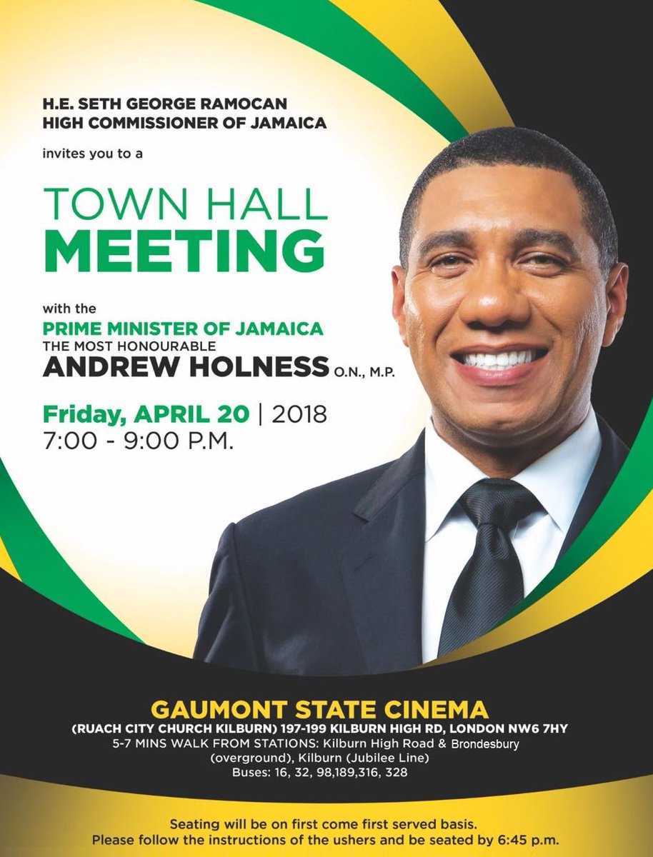 Meet Hon @AndrewHolnessJM Prime Minister of Jamaica on Friday 20 April in NW London 7-9pm. Details attached