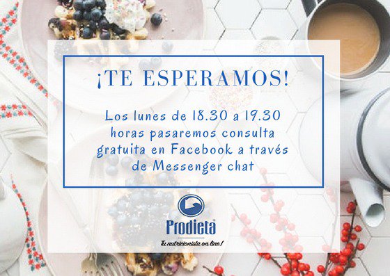 Prodieta's tweet photo. Os recordamos que, a partir de esta tarde, todos los lunes tendremos abierto nuestro chat de Facebook gratuito de 18,30 a 19,30 horas. ¡Resuelve tus dudas!
#Prodieta #TuNutricionistaOnline #AlimentaciónSaludable https://t.co/40cJ7goZ1W