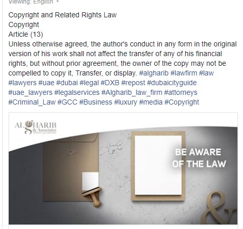 alghariblawfirm's tweet photo. Copyright and Related Rights Law
Copyright
Article (13)
#algharib #lawfirm #law #lawyers #uae #dubai #legal #DXB #repost #dubaicityguide #uae_lawyers #legalservices #Algharib_law_firm #attorneys #Criminal_Law #GCC #Business #luxury #media #Copyright https://t.co/Pr0HAd41Zm
