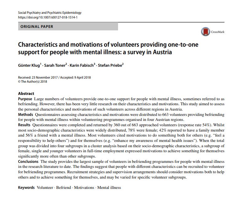 QMULSocialPsych's tweet photo. What are the characteristics and motivations of volunteers in mental health? Read about it in the largest survey of its kind @stefanpriebe @SarahToner2 https://t.co/SUVherVBgI https://t.co/XwNhjLgMgb