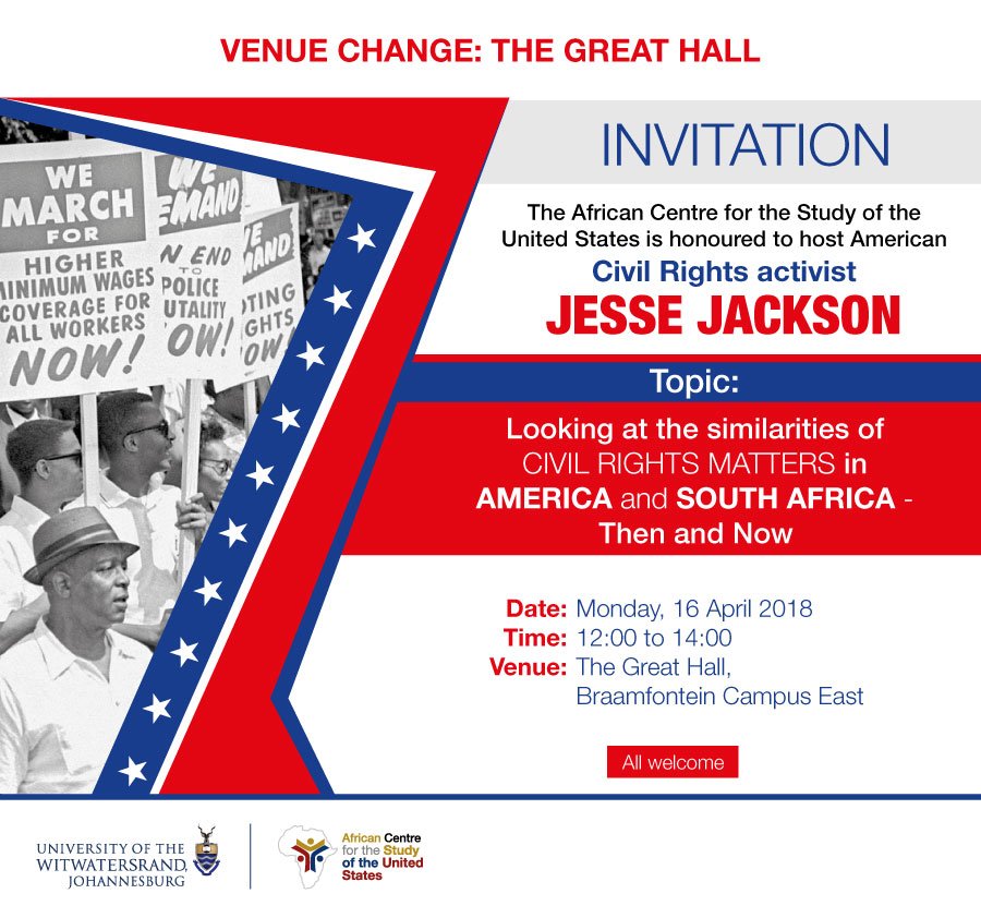 WitsUniversity's tweet photo. Catch American civil rights activist @RevJJackson at the Great Hall at 12:00 today. 
Not on campus - we streaming via https://t.co/uMsK1IBiLE https://t.co/bSUUGynjMW