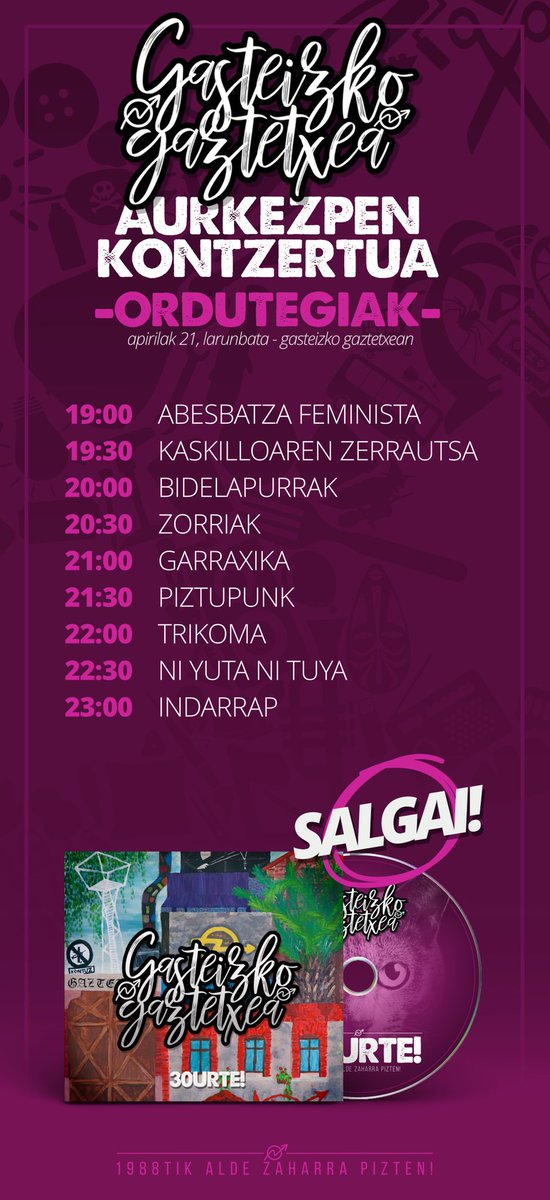 GasteizGaztetxe's tweet photo. Larunbatean Gaztetxean #30urteDISKA -ren aurkezpena edukiko dugu. Bertan, diskaren parte izan diren taldeen kontzertuak edukiko ditugu. Hemen ordutegiak!!!
#GasteizkoGaztetxea #30urte #MuinokoEtxea #GoraPrudentzi https://t.co/TymSRuim6h