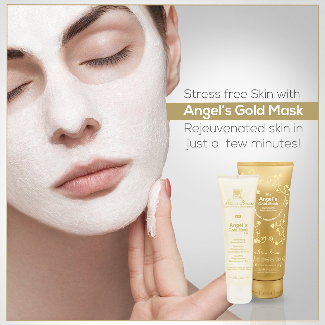 AlissiBronteME's tweet photo. Stressed Skin?

Alissi Brontë’s ANGELS GOLD MASK has a powerful illuminating &amp; regenerating effect on the skin.
Excellent cell renovation &amp; visible wrinkle reduction… revealing a healthy skin tone. 
Banish stressed skin with Gold protection on #StressAwarenessDay https://t.co/76nS5b7xc4