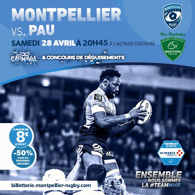 MHR_officiel's tweet photo. 📌 Dernière ligne droite à l'Altrad Stadium ! 🛣️
Samedi 28 avril, le MHR reçoit la @SectionPaloise à 20H45 pour le compte de la 24ème journée de @top14rugby !
Au programme : carnaval et concours de déguisements ! 🎉🎭

🎟️ Lien billetterie : https://t.co/uWtgkndaqP

#MHRSP https://t.co/AzTBmq0G1p