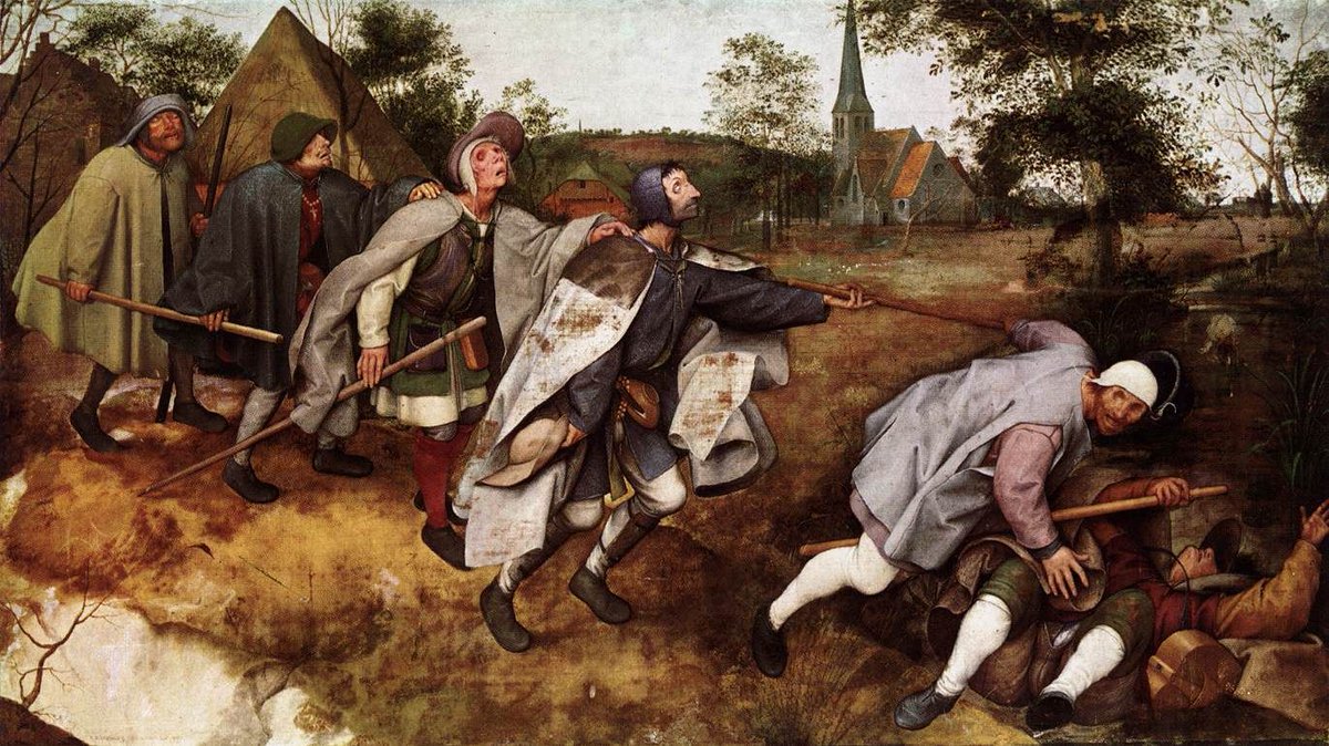 Pieter Brueghel el Vieyu, "La parábola de los ciegos" ("De parabel der blinden"), del añu 1568, Muséu di Capodimonte, Nápoles, siguiendo l'Evanxeliu de Matéu (capítulu 15, versículu 14): «Son ciegos que guíen a otros ciegos".