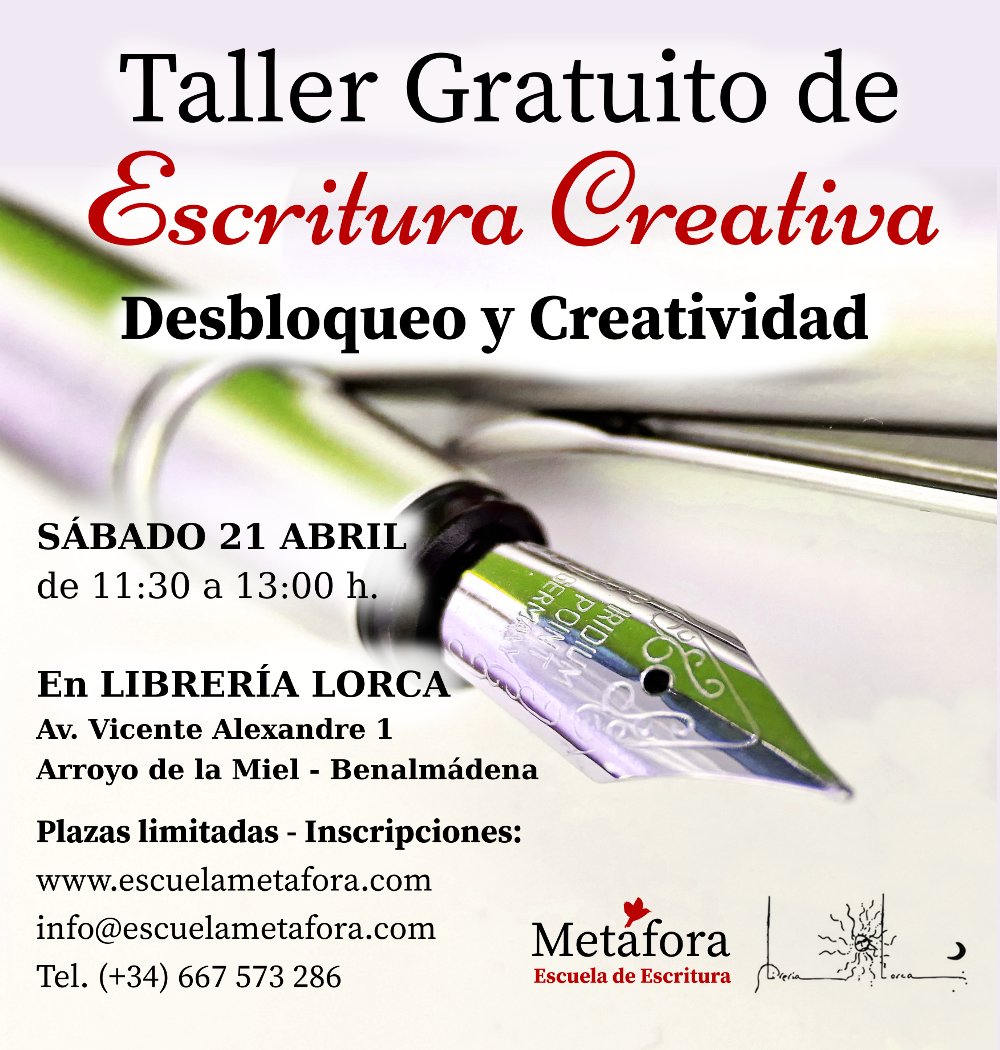 EscuelaMetafora's tweet photo. Siempre has pensado que escribir era lo tuyo pero no sabes por dónde empezar? Te proponemos una cita con las palabras para desbloquearte y sacar lo mejor de ti. 
Día 21 de abril a las 11.30 horas en librería Lorca de Benalmádena.
Te esperamos!!! https://t.co/v8sBWUO90c