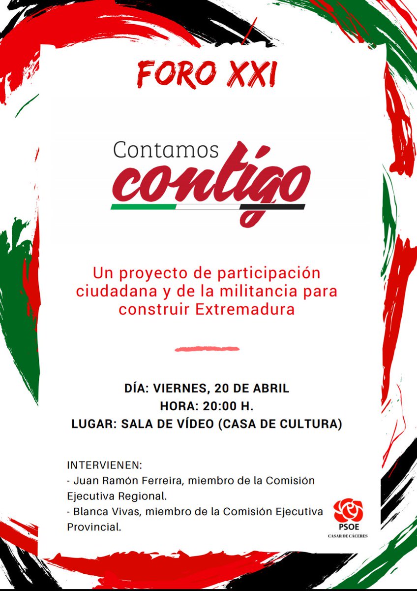 psoecasarcc's tweet photo. (2/2)
FORO XXI y "Contamos Contigo", se unen para dar voz a la ciudadanía. Queremos conocer tus inquietudes y opinión. Acompáñanos! 

Viernes 20 de abril a las 20 horas en la Sala de Vídeo de la Casa de Cultura. https://t.co/dYLoSo18Dr