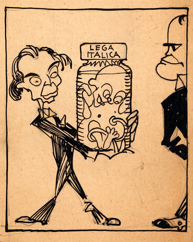 #PP130
No.5
#Caricatura per Guerin Meschino.
1924, Inchiostro di china su #carta.
La Lega Italica è stato un movimento politico conservatore antifascista, nato durante la crisi del delitto #Matteotti. Il fondatore Sam Benelli ne consegna l’embrione a #Mussolini. <a href="/FondazionePP/">FondazionePortaluppi</a>