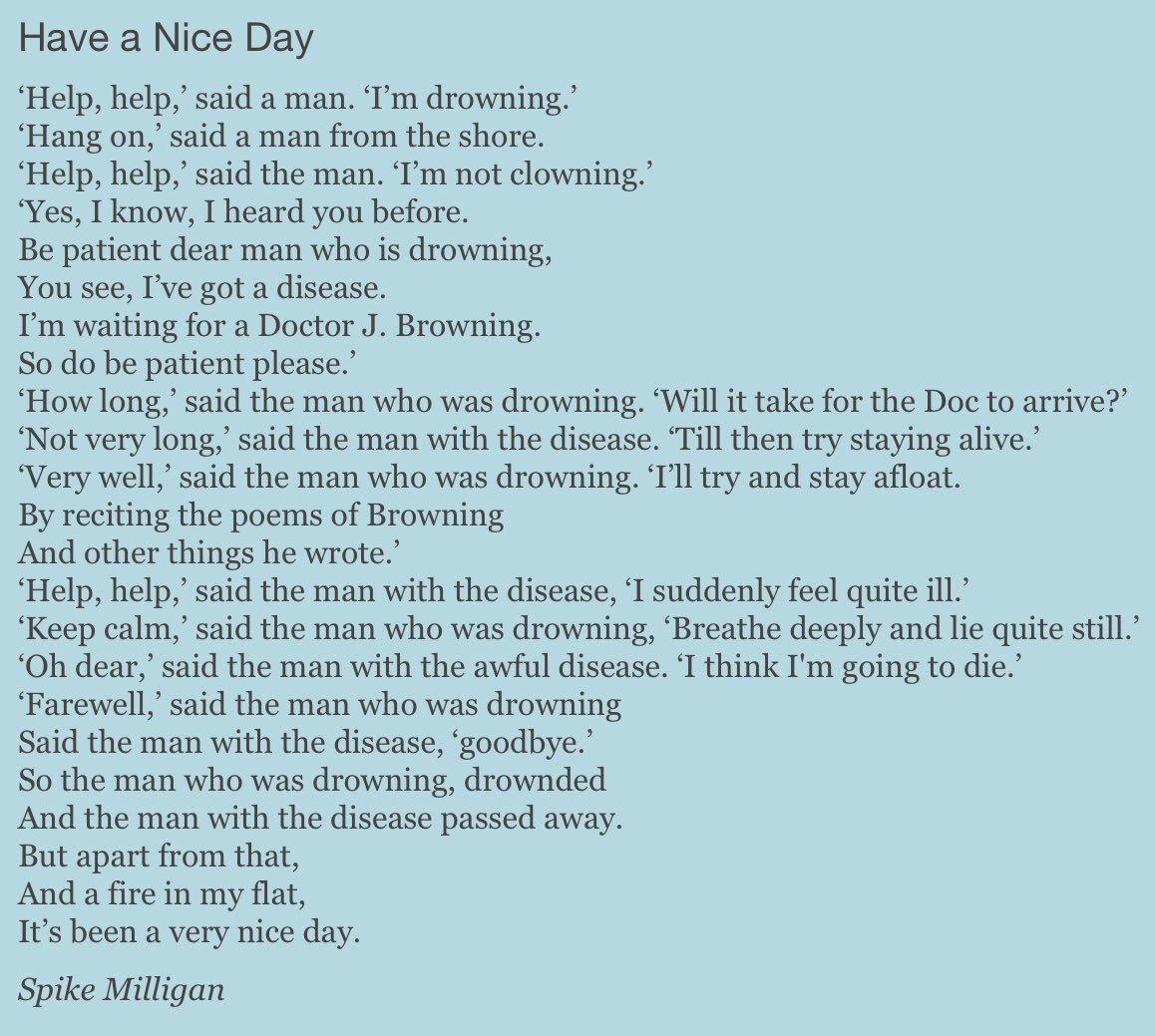 davelee1968's tweet photo. As it’s Spike Milligan’s centenary, here’s my favourite poem of his. The last three lines, being so unexpected, make me laugh every time. https://t.co/fZNDnBkiZY