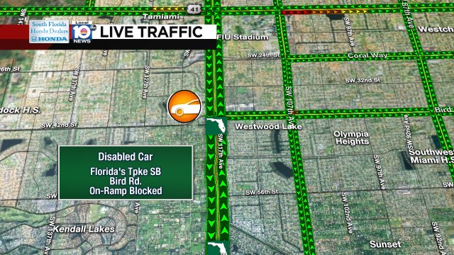 DISABLED CAR: Florida's Tpke SB & Bird Rd. The on-ramp is blocked. #TRAFFIC #MIAMI https://t.co/mb2aqqsiun