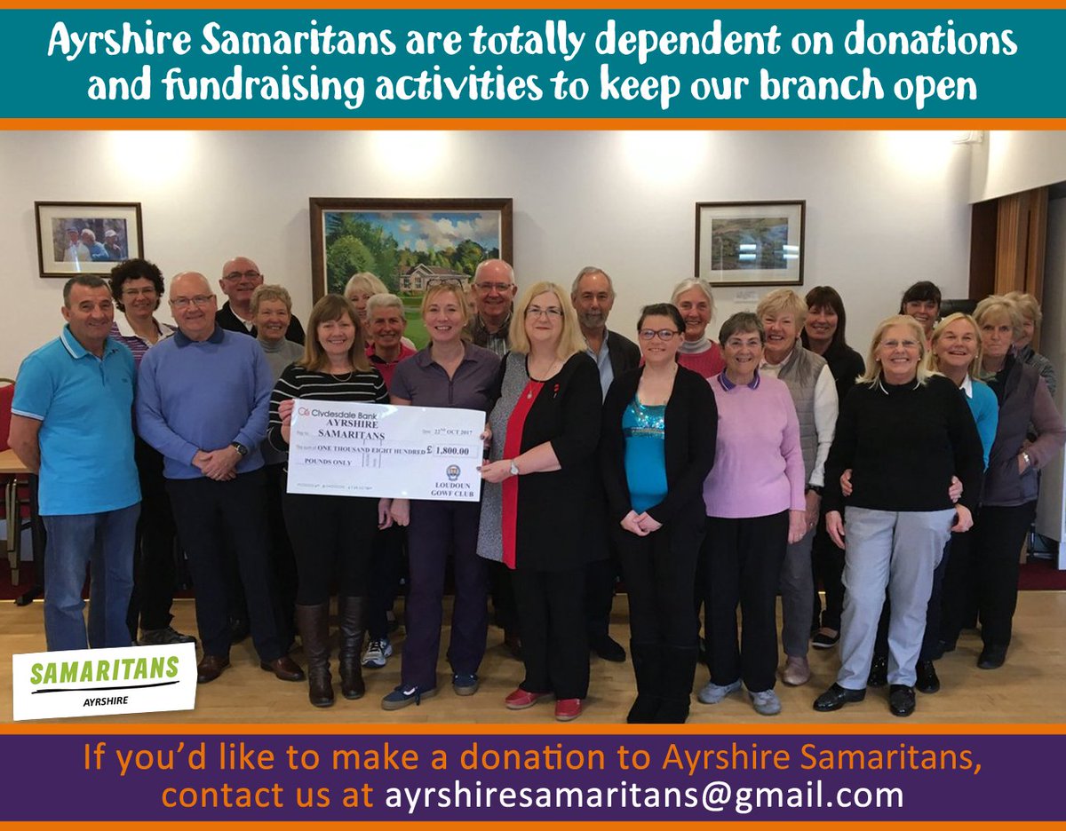 SusieInAyrs's tweet photo. Ayrshire Samaritans receive no government/statutory funding &amp; are totally dependent on donations to keep our branch open. If you'd like to invite us to an event, or donate to us, email ayrshiresamaritans@gmail.com #SmallTalkSavesLives #charity #MondayMotivation #donate #ayrshire https://t.co/9cmGM6nbEO