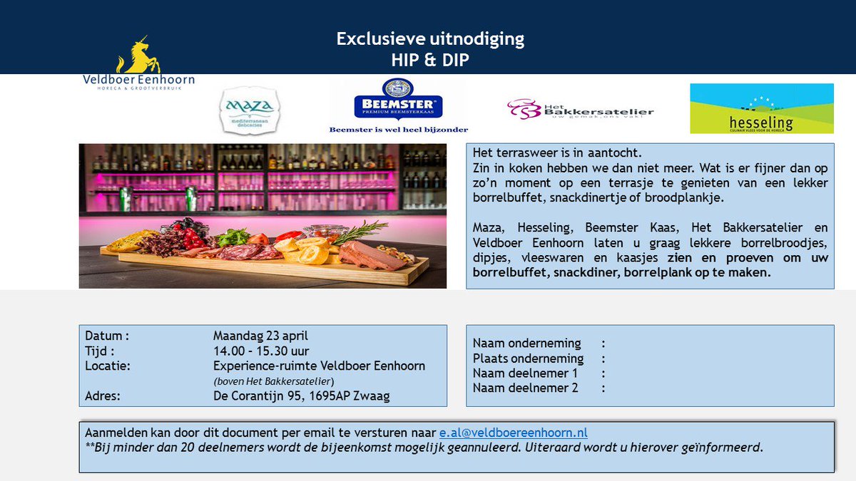 Kom en proef onze suggesties voor een verrassend broodplankje. Hip &amp; Dip op 23 april bij Veldboer Eenhoorn.