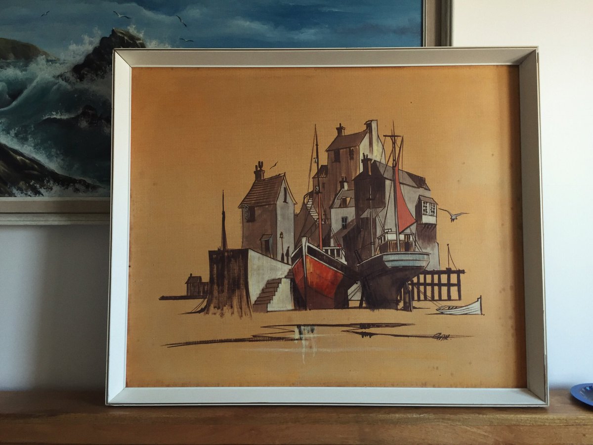 WanderingCoast's tweet photo. A new addition to our reloved art collection — I found this characterful mid-century painting by West Country based Gail Miller, from the Bridport Art &amp; Vintage Quarter. It reminds me of our home in West Bay. In need of a some careful restoration and a new frame. #reloved https://t.co/8v2IheeoxB